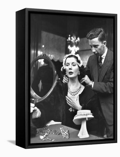 Salesman at Cartier's Showing a Diamond Necklace to Mrs. Julien Chaqueneau of New York Society-Alfred Eisenstaedt-Framed Premier Image Canvas