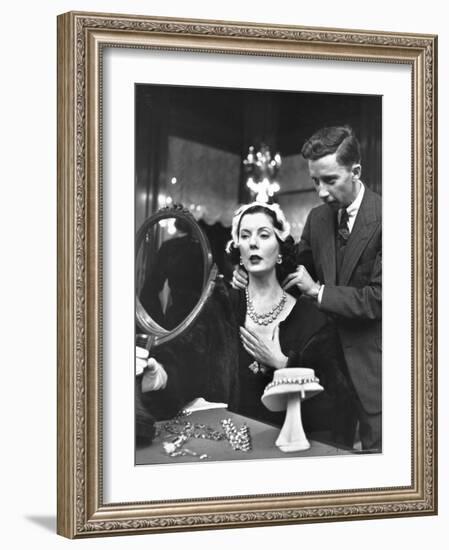 Salesman at Cartier's Showing a Diamond Necklace to Mrs. Julien Chaqueneau of New York Society-Alfred Eisenstaedt-Framed Photographic Print