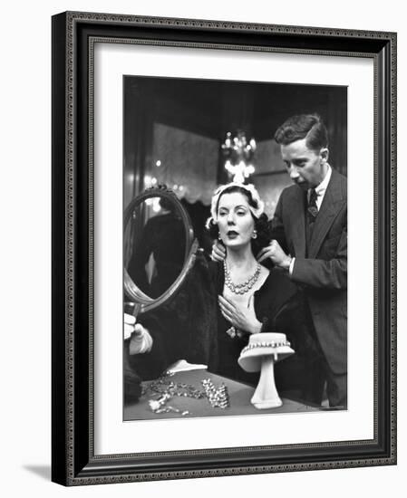 Salesman at Cartier's Showing a Diamond Necklace to Mrs. Julien Chaqueneau of New York Society-Alfred Eisenstaedt-Framed Photographic Print