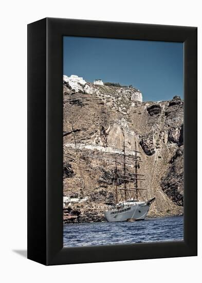 Saliboat Under the Caldera in Santorini Greece-null-Framed Stretched Canvas