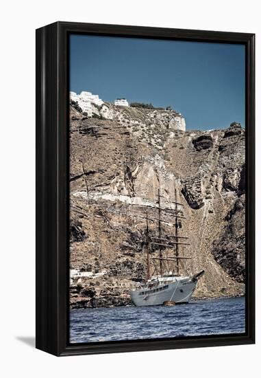 Saliboat Under the Caldera in Santorini Greece-null-Framed Stretched Canvas