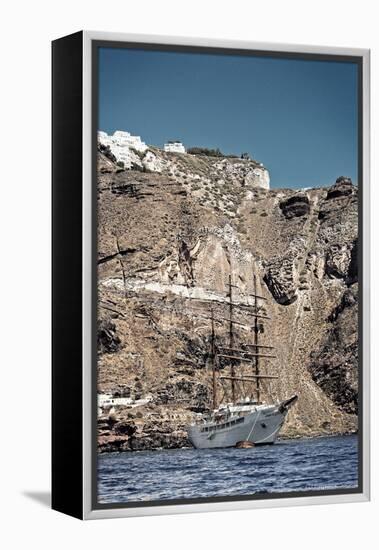 Saliboat Under the Caldera in Santorini Greece-null-Framed Stretched Canvas