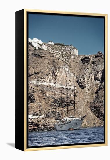 Saliboat Under the Caldera in Santorini Greece-null-Framed Stretched Canvas