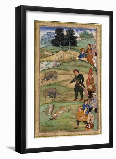 Salim, Holding His Rifle, Gestures at a Dead Nilgai, C.1600-null-Framed Giclee Print