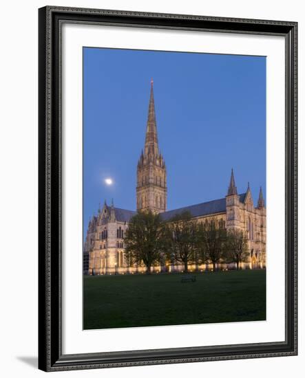 Salisbury Cathedral At Dusk With Moon-Charles Bowman-Framed Photographic Print