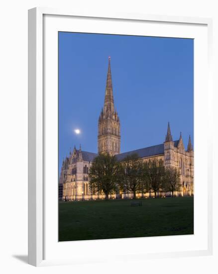 Salisbury Cathedral At Dusk With Moon-Charles Bowman-Framed Photographic Print