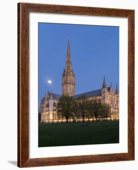 Salisbury Cathedral At Dusk With Moon-Charles Bowman-Framed Photographic Print