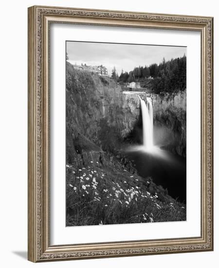 Salish Lodge and English Daisies, Snoqualmie Falls, Washington, USA-Charles Crust-Framed Photographic Print