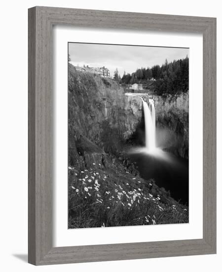 Salish Lodge and English Daisies, Snoqualmie Falls, Washington, USA-Charles Crust-Framed Photographic Print