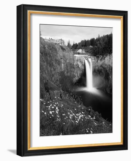 Salish Lodge and English Daisies, Snoqualmie Falls, Washington, USA-Charles Crust-Framed Photographic Print