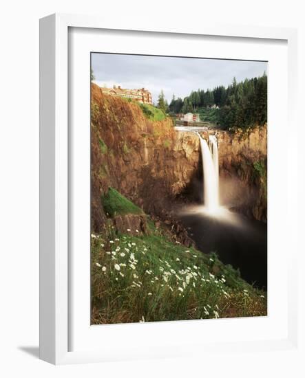 Salish Lodge and English Daisies, Snoqualmie Falls, Washington, USA-Charles Crust-Framed Photographic Print