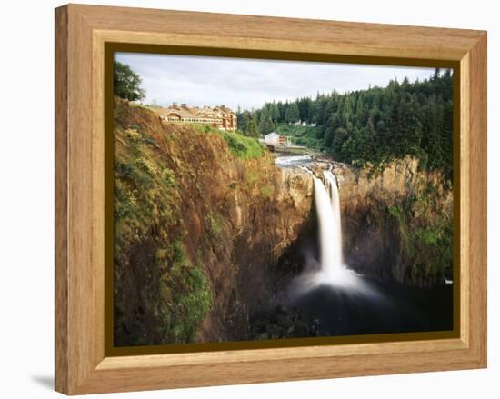 Salish Lodge and English Daisies, Snoqualmie Falls, Washington, USA-Charles Crust-Framed Premier Image Canvas