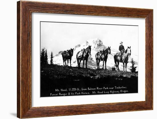 Salmon River Park, Oregon - Man with Horses, Mt Hood in Distance-Lantern Press-Framed Art Print