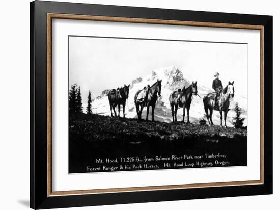 Salmon River Park, Oregon - Man with Horses, Mt Hood in Distance-Lantern Press-Framed Art Print