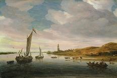 An Estuary Scene with Cattle Aboard a Ferry and a Windmill Beyond-Salomon van Ruisdael or Ruysdael-Giclee Print