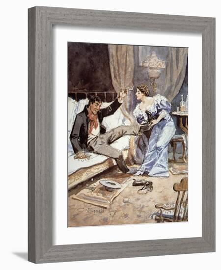 Saloon Girl with a Drunken Cowboy, c.1898-Charles Marion Russell-Framed Giclee Print