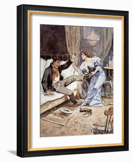 Saloon Girl with a Drunken Cowboy, c.1898-Charles Marion Russell-Framed Giclee Print