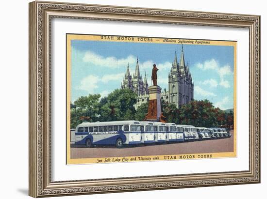 Salt Lake City, Utah - Rows of Tourbuses by the Temple-Lantern Press-Framed Art Print