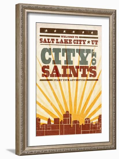 Salt Lake City, Utah - Skyline and Sunburst Screenprint Style-Lantern Press-Framed Art Print