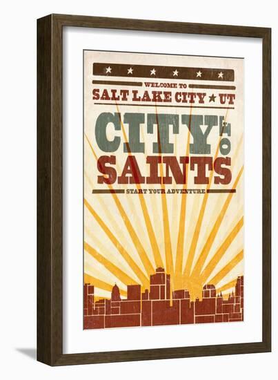 Salt Lake City, Utah - Skyline and Sunburst Screenprint Style-Lantern Press-Framed Art Print