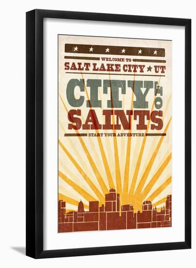 Salt Lake City, Utah - Skyline and Sunburst Screenprint Style-Lantern Press-Framed Art Print