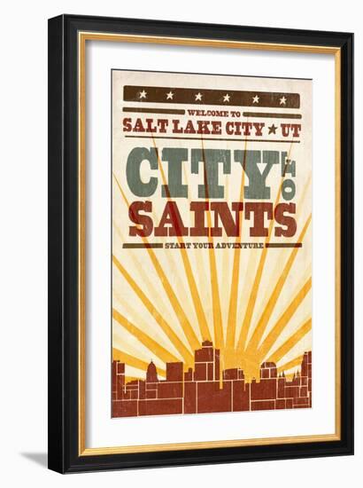 Salt Lake City, Utah - Skyline and Sunburst Screenprint Style-Lantern Press-Framed Art Print