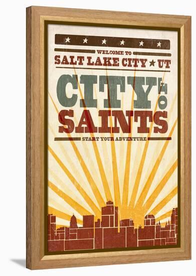 Salt Lake City, Utah - Skyline and Sunburst Screenprint Style-Lantern Press-Framed Stretched Canvas