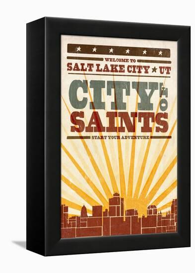 Salt Lake City, Utah - Skyline and Sunburst Screenprint Style-Lantern Press-Framed Stretched Canvas