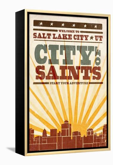 Salt Lake City, Utah - Skyline and Sunburst Screenprint Style-Lantern Press-Framed Stretched Canvas