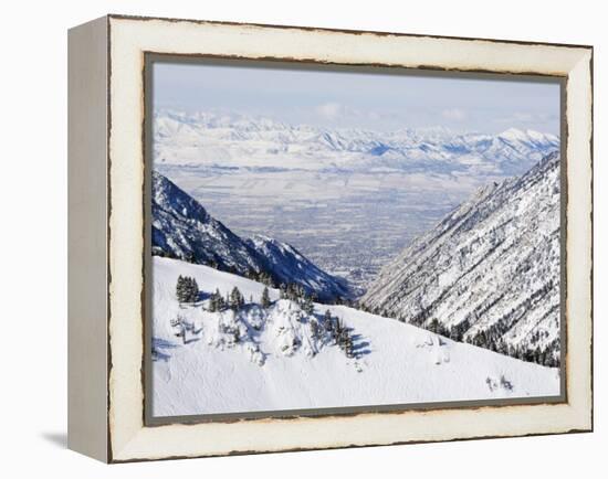 Salt Lake Valley and Fresh Powder Tracks at Alta, Alta Ski Resort, Salt Lake City, Utah, USA-Kober Christian-Framed Premier Image Canvas