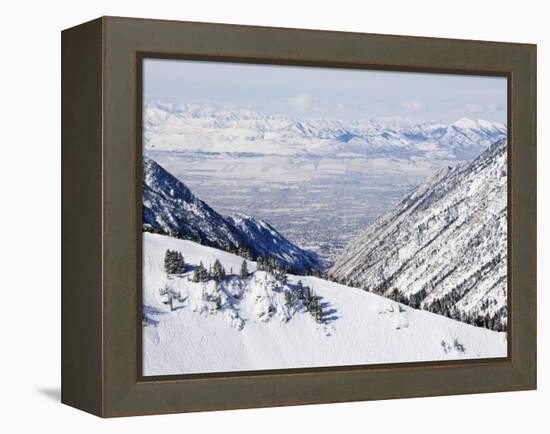 Salt Lake Valley and Fresh Powder Tracks at Alta, Alta Ski Resort, Salt Lake City, Utah, USA-Kober Christian-Framed Premier Image Canvas