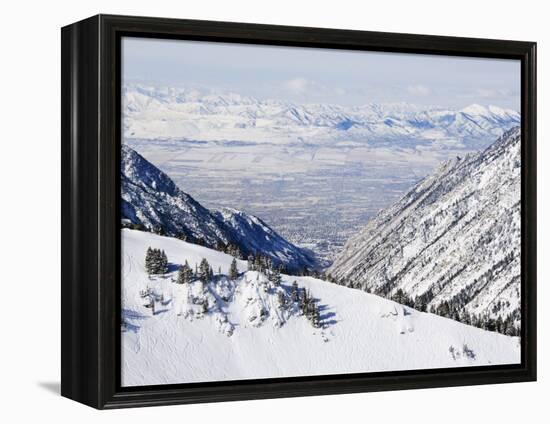 Salt Lake Valley and Fresh Powder Tracks at Alta, Alta Ski Resort, Salt Lake City, Utah, USA-Kober Christian-Framed Premier Image Canvas