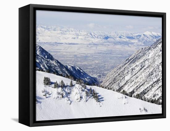 Salt Lake Valley and Fresh Powder Tracks at Alta, Alta Ski Resort, Salt Lake City, Utah, USA-Kober Christian-Framed Premier Image Canvas