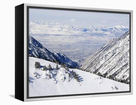 Salt Lake Valley and Fresh Powder Tracks at Alta, Alta Ski Resort, Salt Lake City, Utah, USA-Kober Christian-Framed Premier Image Canvas