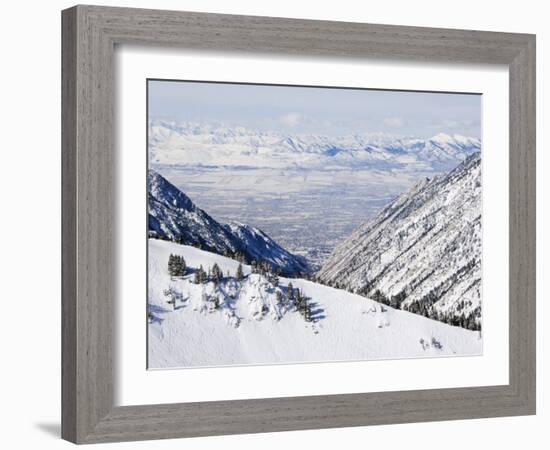 Salt Lake Valley and Fresh Powder Tracks at Alta, Alta Ski Resort, Salt Lake City, Utah, USA-Kober Christian-Framed Photographic Print