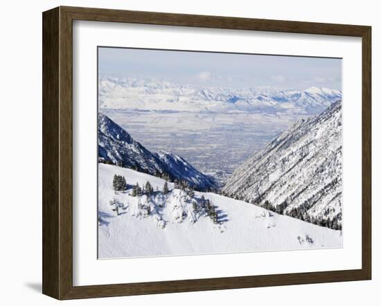 Salt Lake Valley and Fresh Powder Tracks at Alta, Alta Ski Resort, Salt Lake City, Utah, USA-Kober Christian-Framed Photographic Print