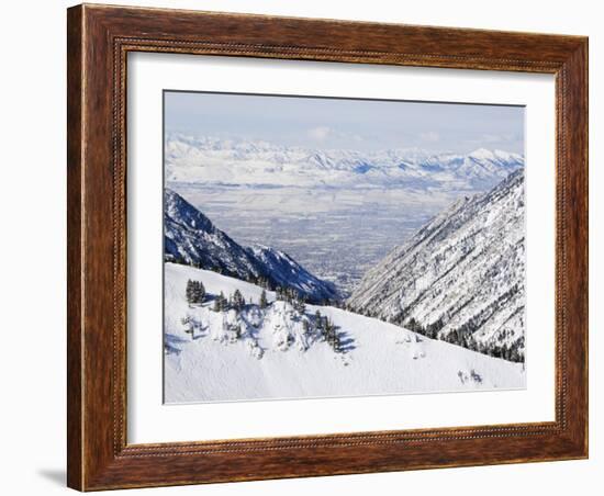 Salt Lake Valley and Fresh Powder Tracks at Alta, Alta Ski Resort, Salt Lake City, Utah, USA-Kober Christian-Framed Photographic Print