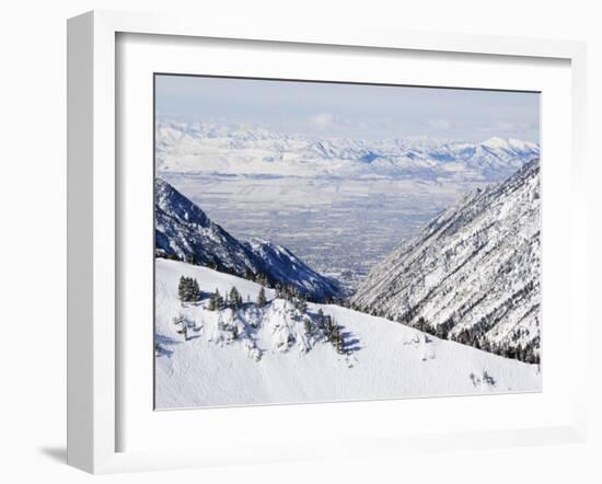 Salt Lake Valley and Fresh Powder Tracks at Alta, Alta Ski Resort, Salt Lake City, Utah, USA-Kober Christian-Framed Photographic Print