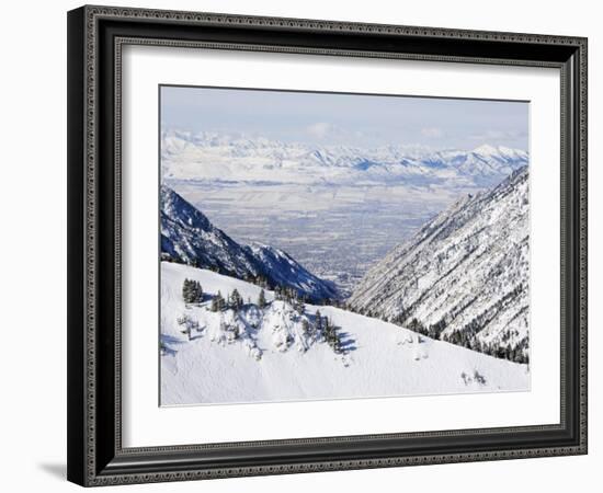 Salt Lake Valley and Fresh Powder Tracks at Alta, Alta Ski Resort, Salt Lake City, Utah, USA-Kober Christian-Framed Photographic Print