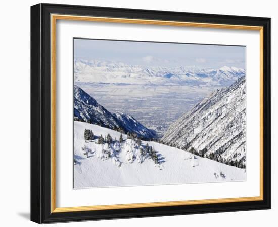 Salt Lake Valley and Fresh Powder Tracks at Alta, Alta Ski Resort, Salt Lake City, Utah, USA-Kober Christian-Framed Photographic Print