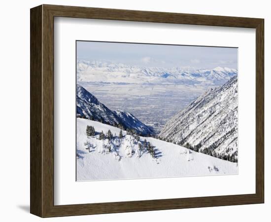 Salt Lake Valley and Fresh Powder Tracks at Alta, Alta Ski Resort, Salt Lake City, Utah, USA-Kober Christian-Framed Photographic Print