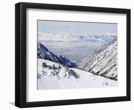 Salt Lake Valley and Fresh Powder Tracks at Alta, Alta Ski Resort, Salt Lake City, Utah, USA-Kober Christian-Framed Photographic Print