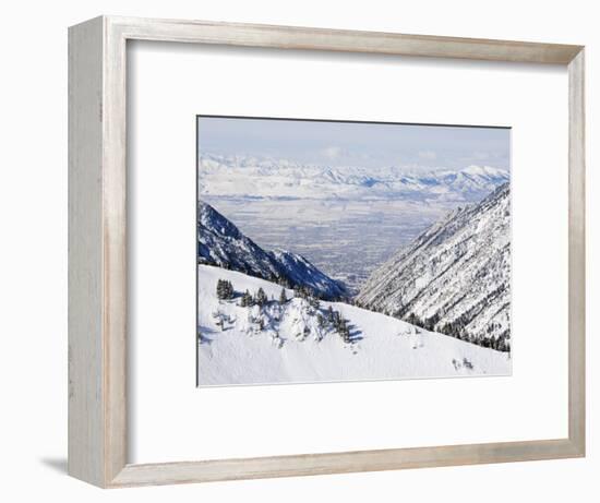 Salt Lake Valley and Fresh Powder Tracks at Alta, Alta Ski Resort, Salt Lake City, Utah, USA-Kober Christian-Framed Photographic Print