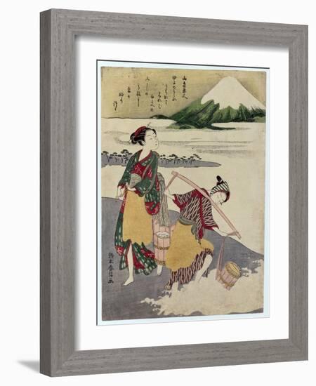 Salt Maidens on the Tago-No-Ura Beach with Mt. Fuji Behind-Suzuki Harunobu-Framed Giclee Print