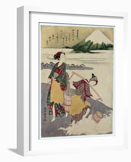 Salt Maidens on the Tago-No-Ura Beach with Mt. Fuji Behind-Suzuki Harunobu-Framed Giclee Print