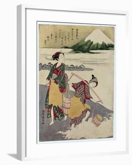 Salt Maidens on the Tago-No-Ura Beach with Mt. Fuji Behind-Suzuki Harunobu-Framed Giclee Print