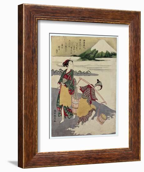 Salt Maidens on the Tago-No-Ura Beach with Mt. Fuji Behind-Suzuki Harunobu-Framed Giclee Print