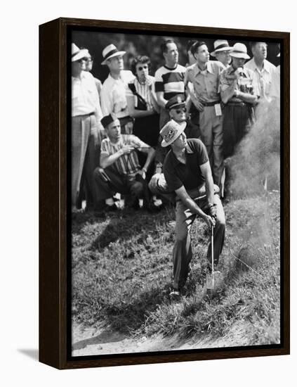 Sam Snead Makes an Iron Shot from the Side of a Sand Trap-null-Framed Stretched Canvas