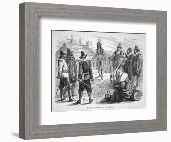 Samoset, Chief of the Pemaquids Visits the Pilgrim Fathers in 1621 (Litho)-American-Framed Giclee Print