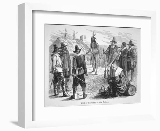 Samoset, Chief of the Pemaquids Visits the Pilgrim Fathers in 1621 (Litho)-American-Framed Giclee Print